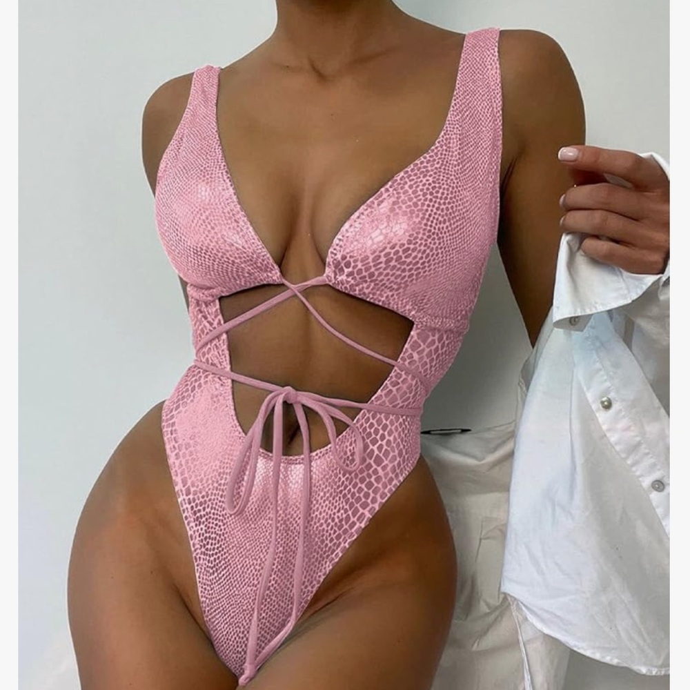 Pink metallic snake python swimsuit bodysuit one piece romper tie wrap sexy doll